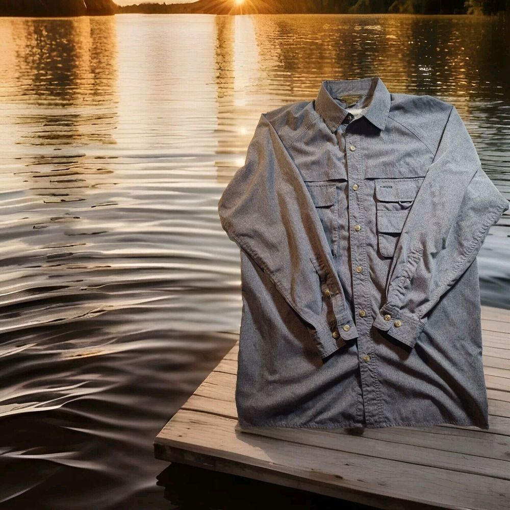 ORVIS Gray Long Sleeve Vented Button Fishing Poly/Nylon Outdoor Shirt Medium 963